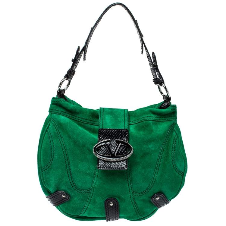 Pre Owned Valentino Green/Black Suede and Python VRing Embellished Hobo