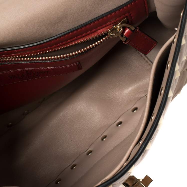 Pre Owned Valentino Old Rose Leather Medium Rockstud Spike Top Handle Bag
