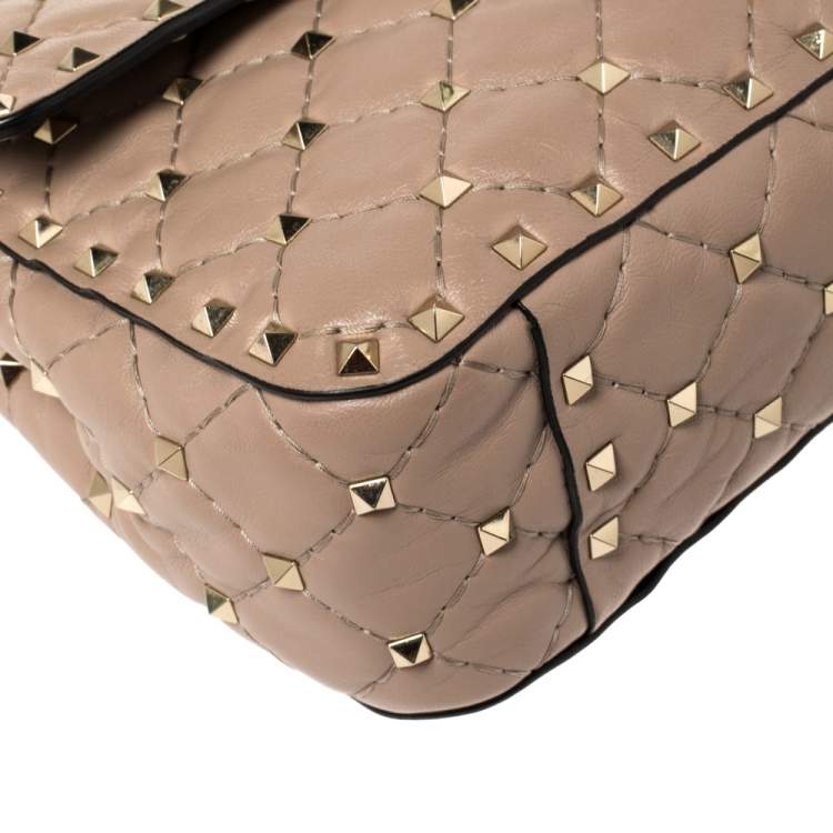 Pre Owned Valentino Old Rose Leather Medium Rockstud Spike Top Handle Bag