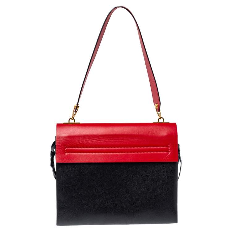 مملوكة مسبقًا Valentino Black/red Leather Medium V-Ring Flap Top Handle Bag
