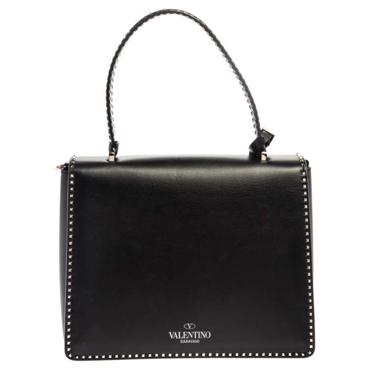 Pre Owned Valentino Black Leather Rockstud Flap Top Handle Bag