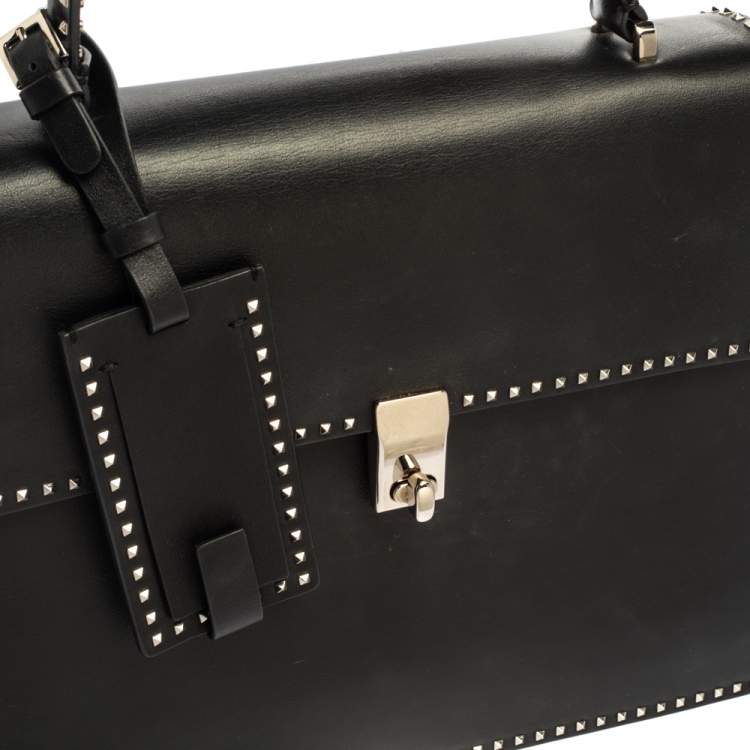 Pre Owned Valentino Black Leather Rockstud Flap Top Handle Bag