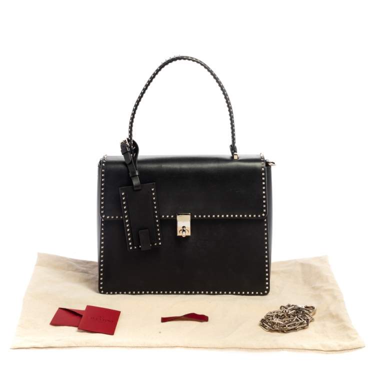 Pre Owned Valentino Black Leather Rockstud Flap Top Handle Bag