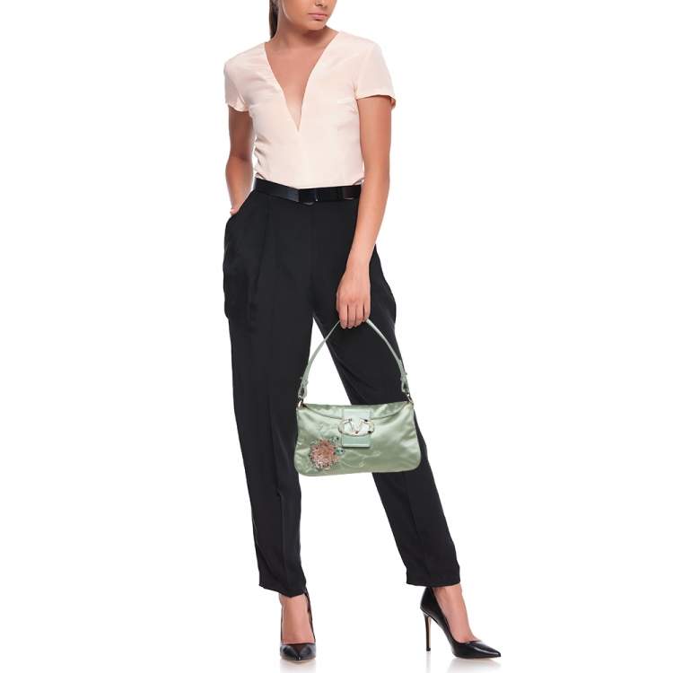 Pre Owned Valentino Mint Green Satin and Leather VRing Crystal Embellished Hobo