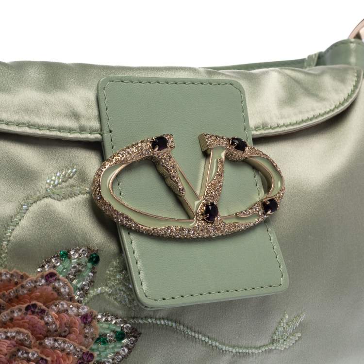 Pre Owned Valentino Mint Green Satin and Leather VRing Crystal Embellished Hobo