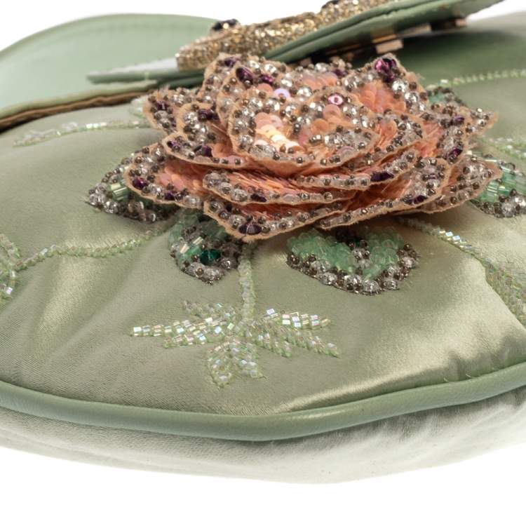 Pre Owned Valentino Mint Green Satin and Leather VRing Crystal Embellished Hobo