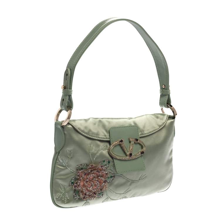 Pre Owned Valentino Mint Green Satin and Leather VRing Crystal Embellished Hobo