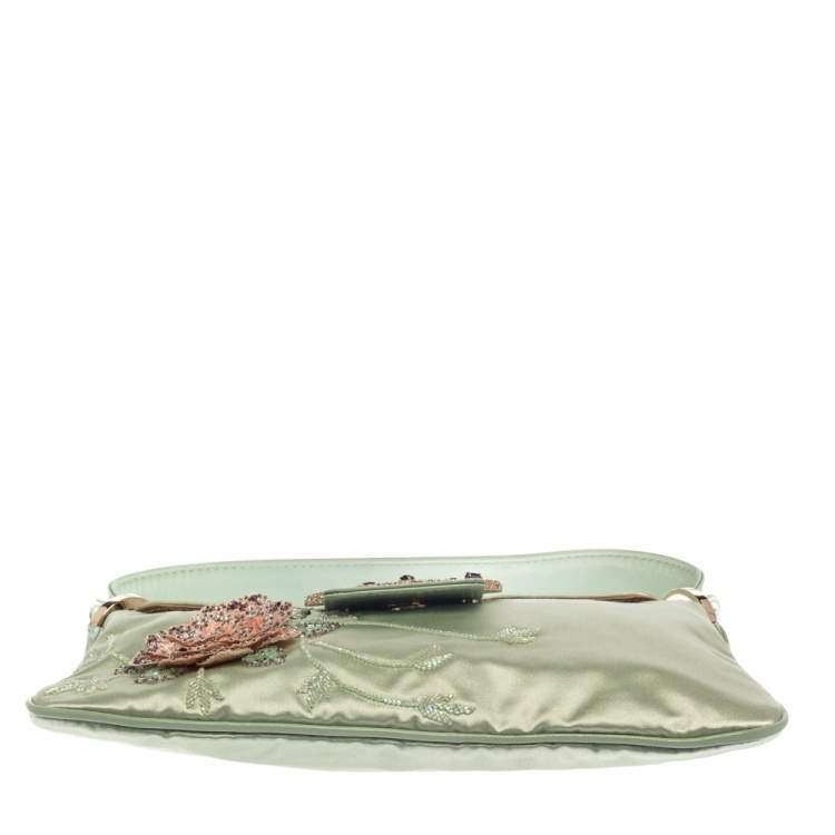 Pre Owned Valentino Mint Green Satin and Leather VRing Crystal Embellished Hobo