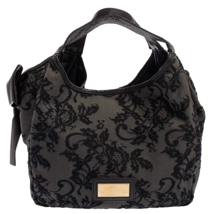 Pre Owned Valentino Black Embroidered Nylon Medium Nuage Bow Hobo