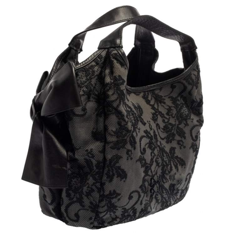 Pre Owned Valentino Black Embroidered Nylon Medium Nuage Bow Hobo
