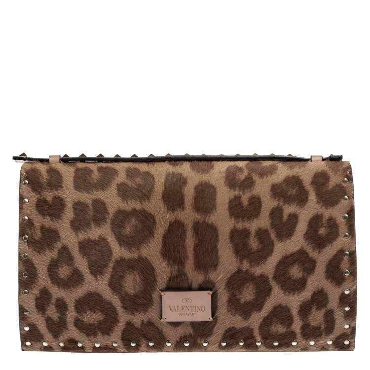 Pre Owned Valentino Brown Pony Hair Rockstud Flap Clutch Bag