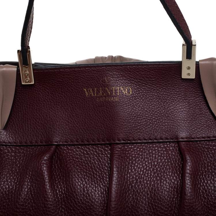 Pre Owned Valentino Burgundy/Beige Leather Aphrodite Bow Top Handle Bag