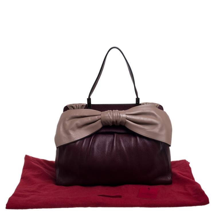 Pre Owned Valentino Burgundy/Beige Leather Aphrodite Bow Top Handle Bag