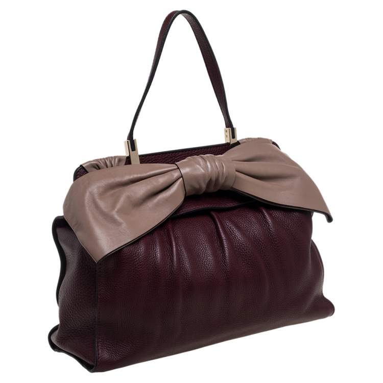 Pre Owned Valentino Burgundy/Beige Leather Aphrodite Bow Top Handle Bag