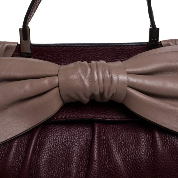 Pre Owned Valentino Burgundy/Beige Leather Aphrodite Bow Top Handle Bag