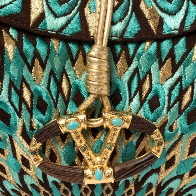 Pre Owned Valentino Multicolor Embroidered Printed Suede VRing Flap Hobo