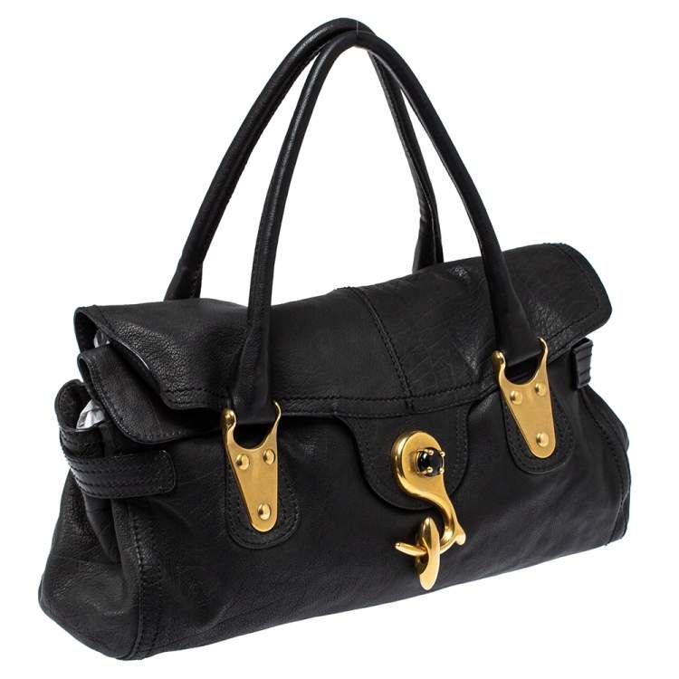 Pre Owned Valentino Black Soft Leather Clasp Flap Satchel