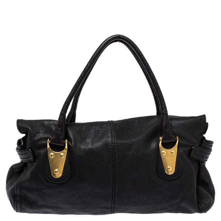 Pre Owned Valentino Black Soft Leather Clasp Flap Satchel