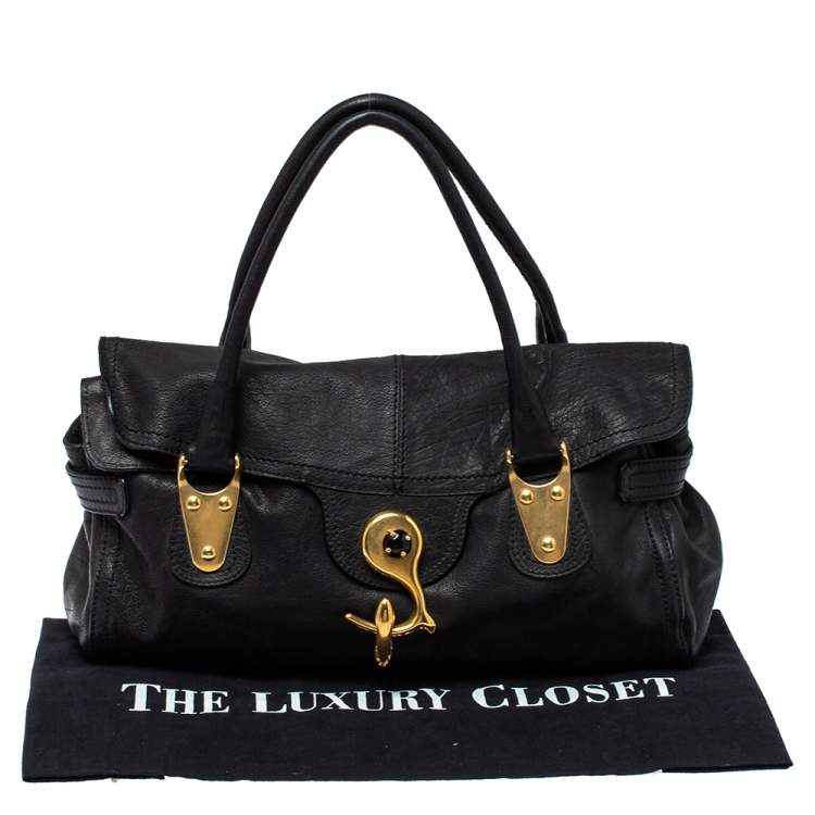 Pre Owned Valentino Black Soft Leather Clasp Flap Satchel