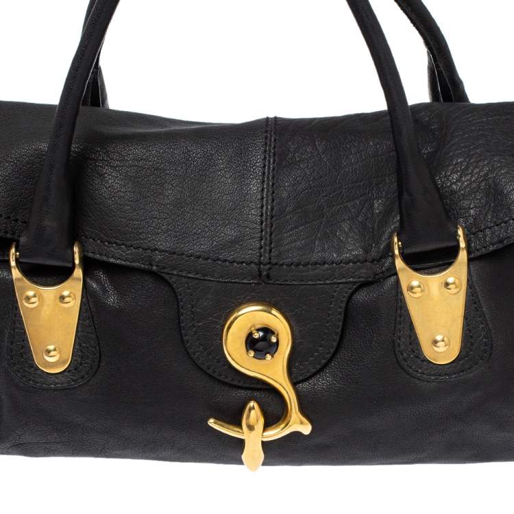 Pre Owned Valentino Black Soft Leather Clasp Flap Satchel