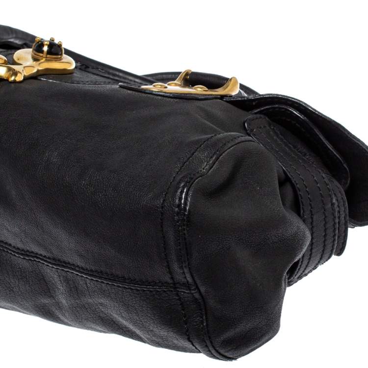 Pre Owned Valentino Black Soft Leather Clasp Flap Satchel