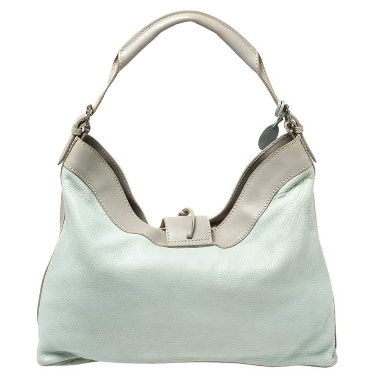 Pre Owned Valentino Mint Blue/Grey Grain Leather Metal Flap Hobo