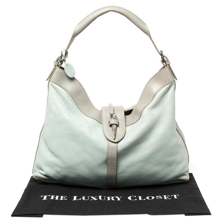 Pre Owned Valentino Mint Blue/Grey Grain Leather Metal Flap Hobo