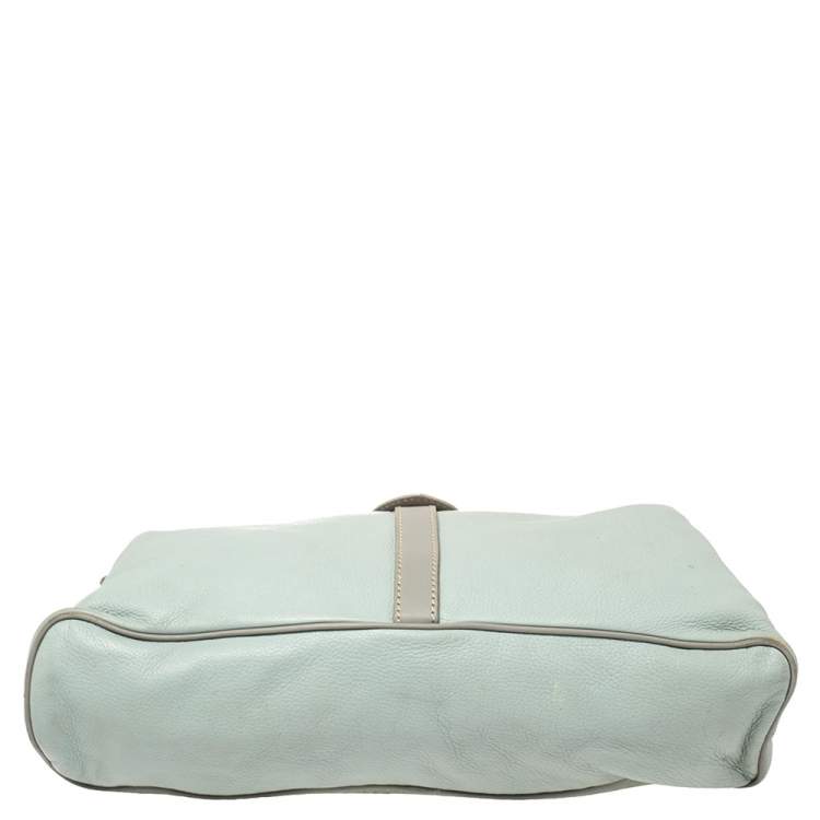 Pre Owned Valentino Mint Blue/Grey Grain Leather Metal Flap Hobo