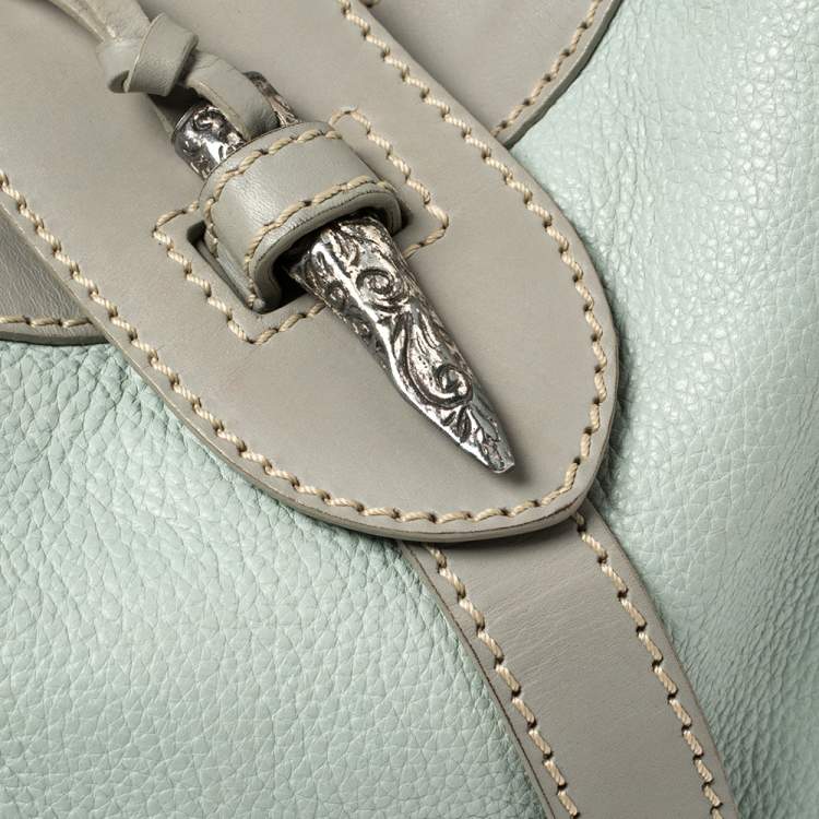 Pre Owned Valentino Mint Blue/Grey Grain Leather Metal Flap Hobo
