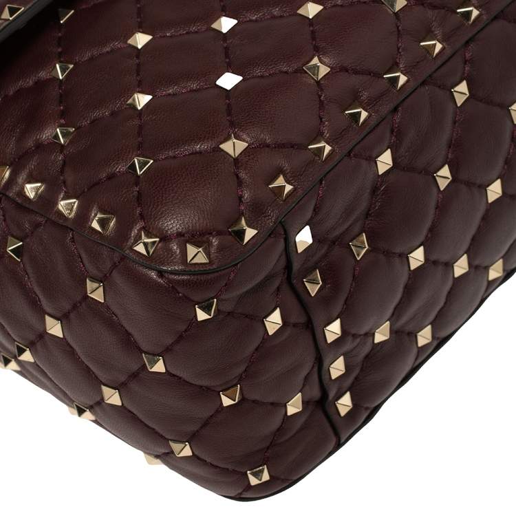 Pre Owned Valentino Burgundy Quilted  Leather Rockstud Spike Top Handle Bag