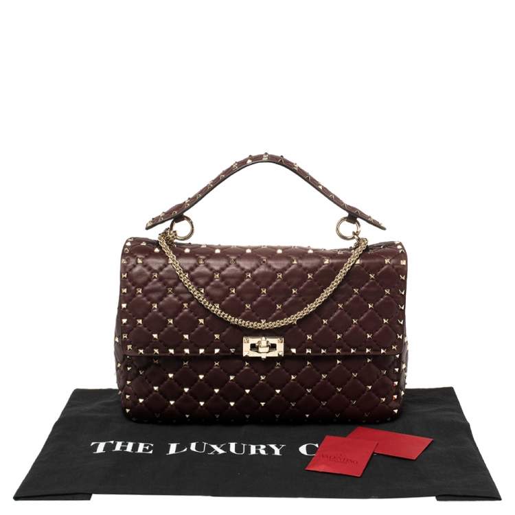 Pre Owned Valentino Burgundy Quilted  Leather Rockstud Spike Top Handle Bag