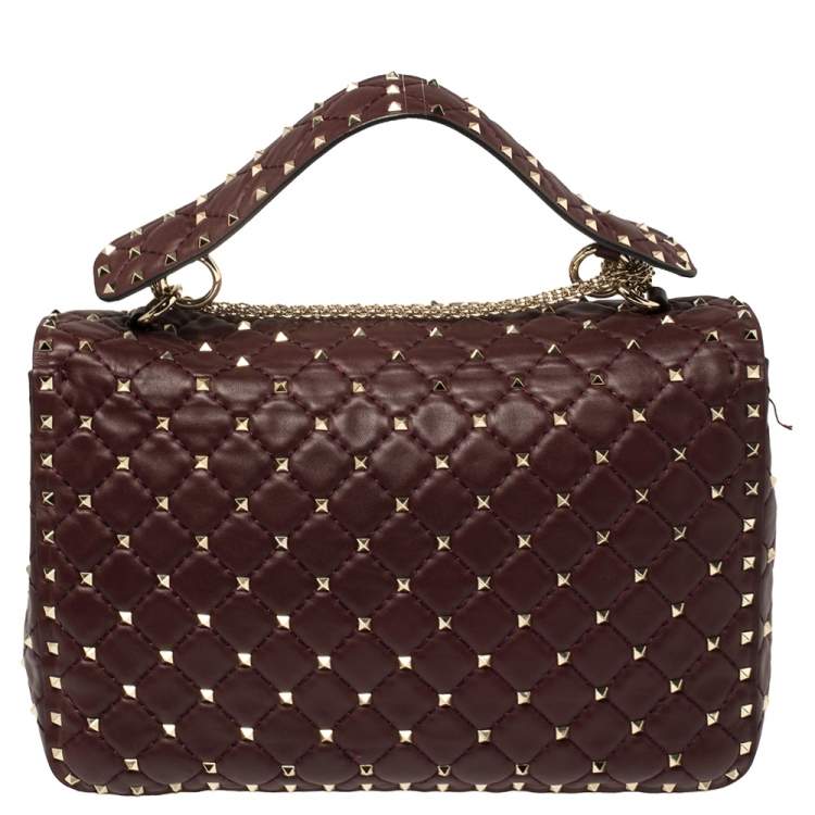 Pre Owned Valentino Burgundy Quilted  Leather Rockstud Spike Top Handle Bag