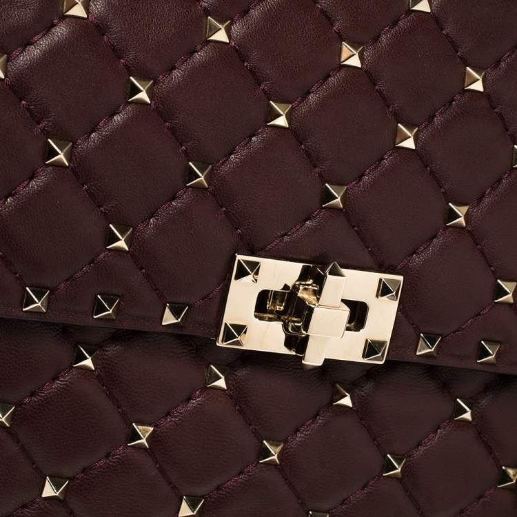 Pre Owned Valentino Burgundy Quilted  Leather Rockstud Spike Top Handle Bag