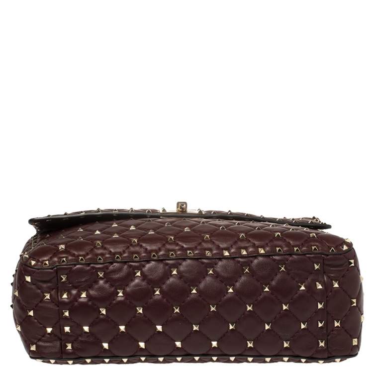 Pre Owned Valentino Burgundy Quilted  Leather Rockstud Spike Top Handle Bag