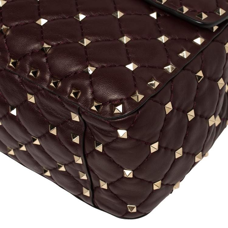Pre Owned Valentino Burgundy Quilted  Leather Rockstud Spike Top Handle Bag