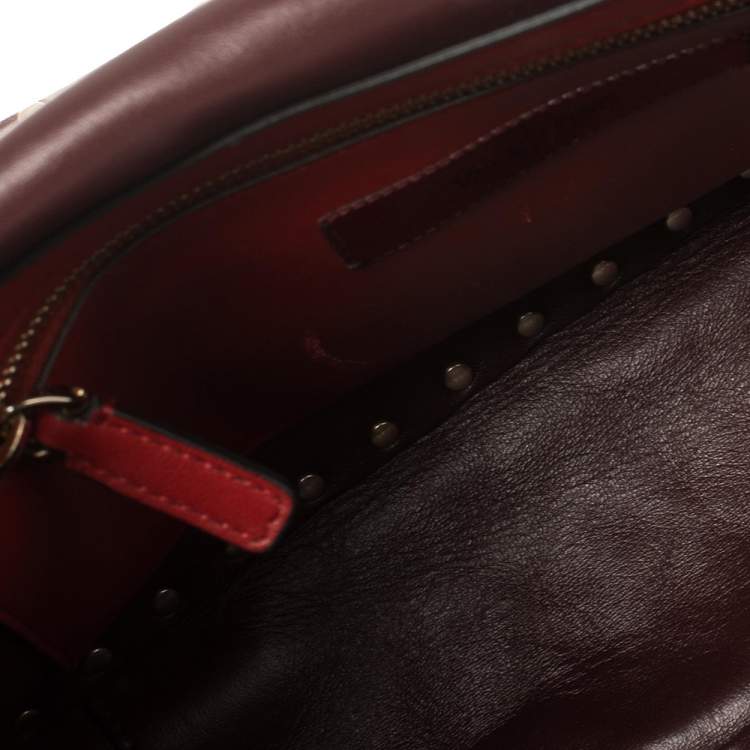 Pre Owned Valentino Burgundy Quilted  Leather Rockstud Spike Top Handle Bag