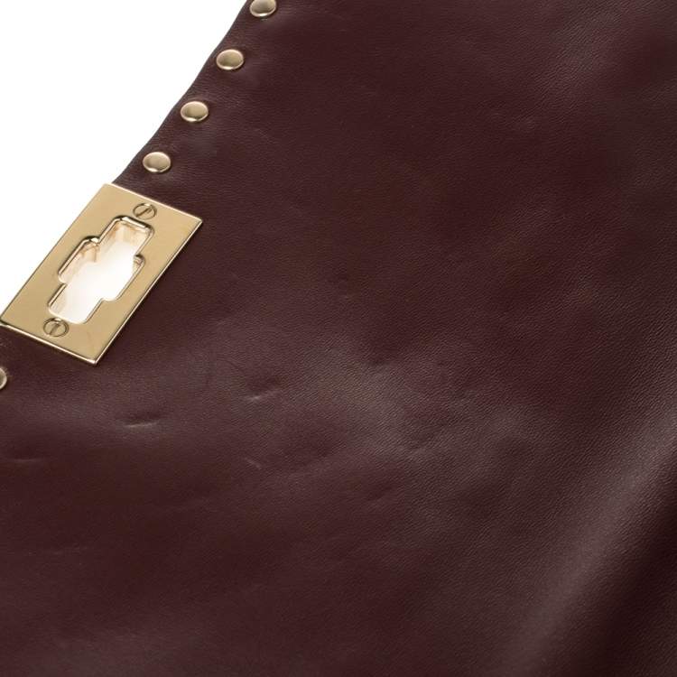 Pre Owned Valentino Burgundy Quilted  Leather Rockstud Spike Top Handle Bag