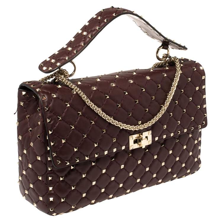 Pre Owned Valentino Burgundy Quilted  Leather Rockstud Spike Top Handle Bag