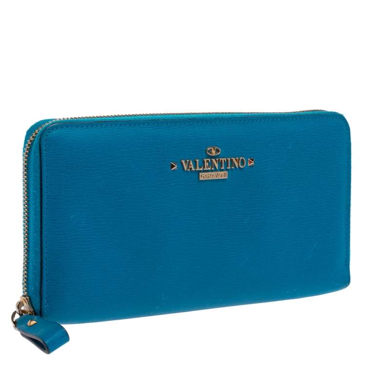 Pre Owned Valentino Azur Leather Logo Zip Around Wallet