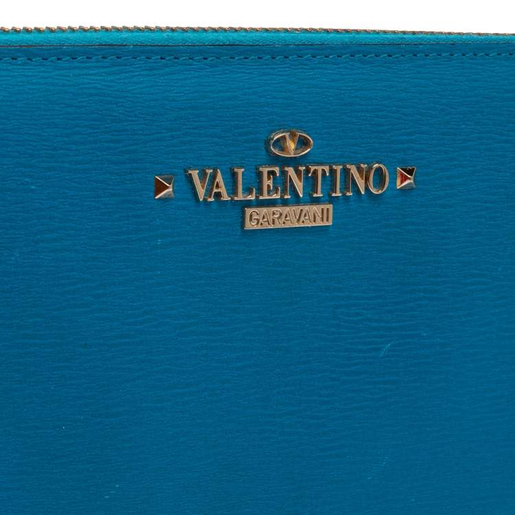 Pre Owned Valentino Azur Leather Logo Zip Around Wallet