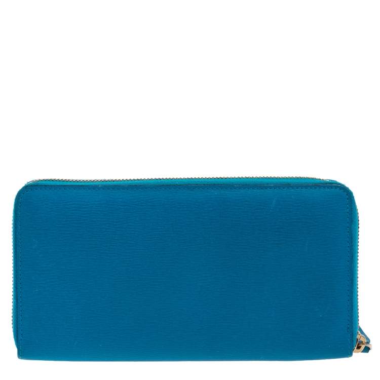 Pre Owned Valentino Azur Leather Logo Zip Around Wallet