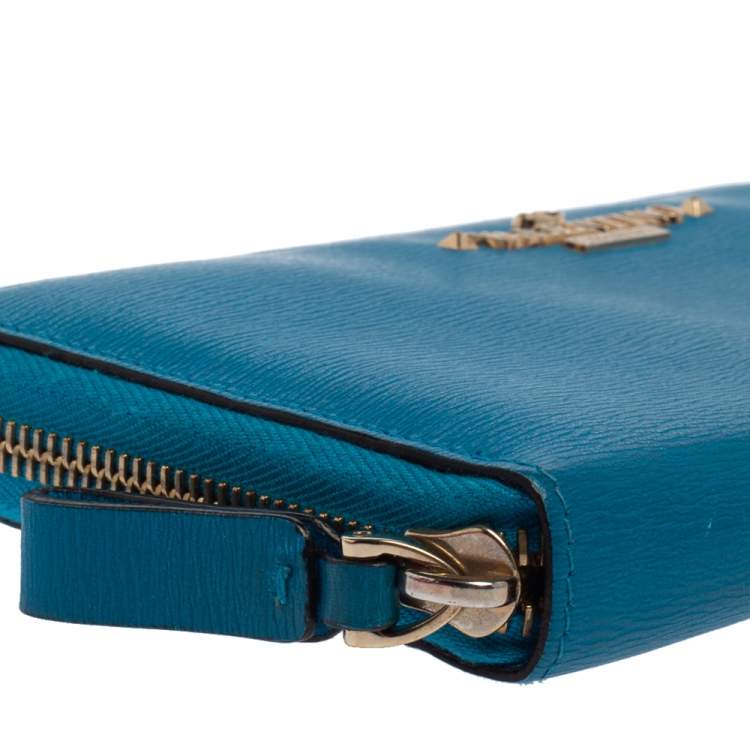 Pre Owned Valentino Azur Leather Logo Zip Around Wallet