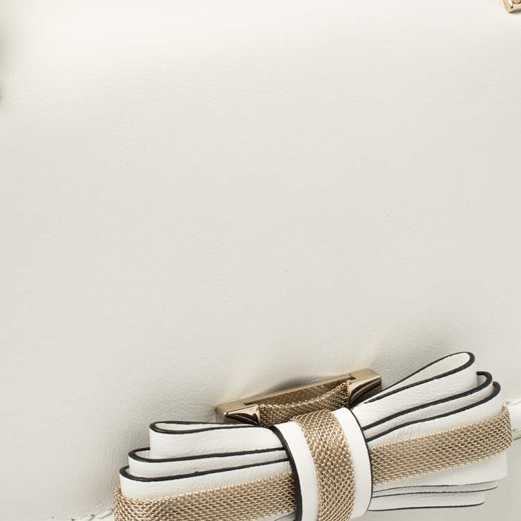 مملوكة مسبقًا Valentino White Leather Metal Mesh Bow Flap Top Handle Bag