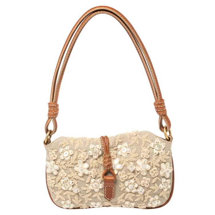 Pre Owned Valentino Cream Canvas Embroidered Catch Hobo