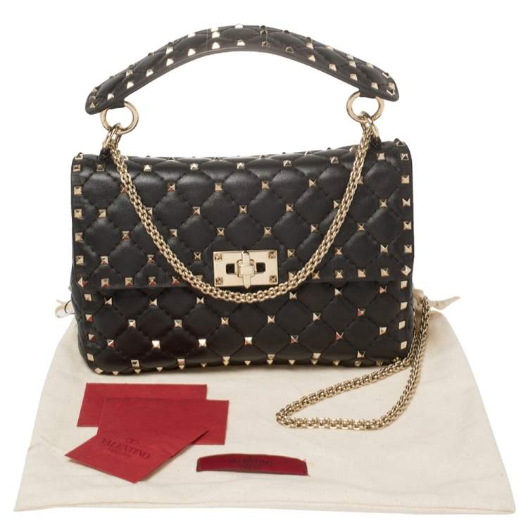 Pre Owned Valentino Black Quilted Leather Rockstud Spike Top Handle Bag