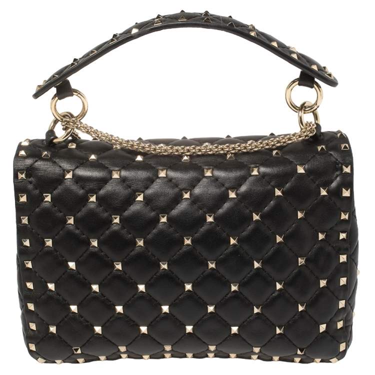 Pre Owned Valentino Black Quilted Leather Rockstud Spike Top Handle Bag