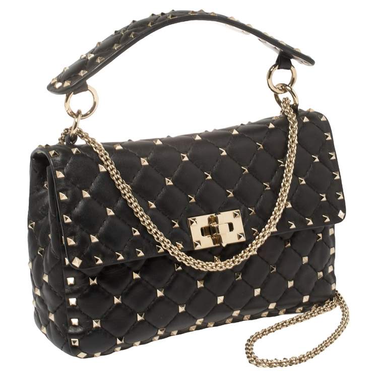 Pre Owned Valentino Black Quilted Leather Rockstud Spike Top Handle Bag