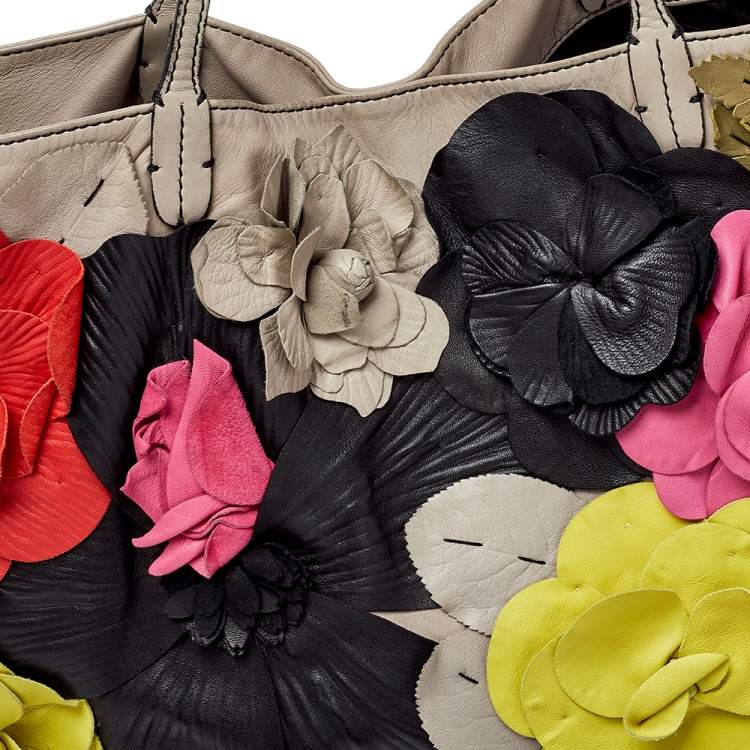Pre Owned Valentino Grey Leather Floral Applique Tote