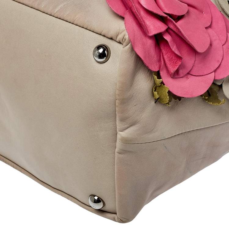 Pre Owned Valentino Grey Leather Floral Applique Tote