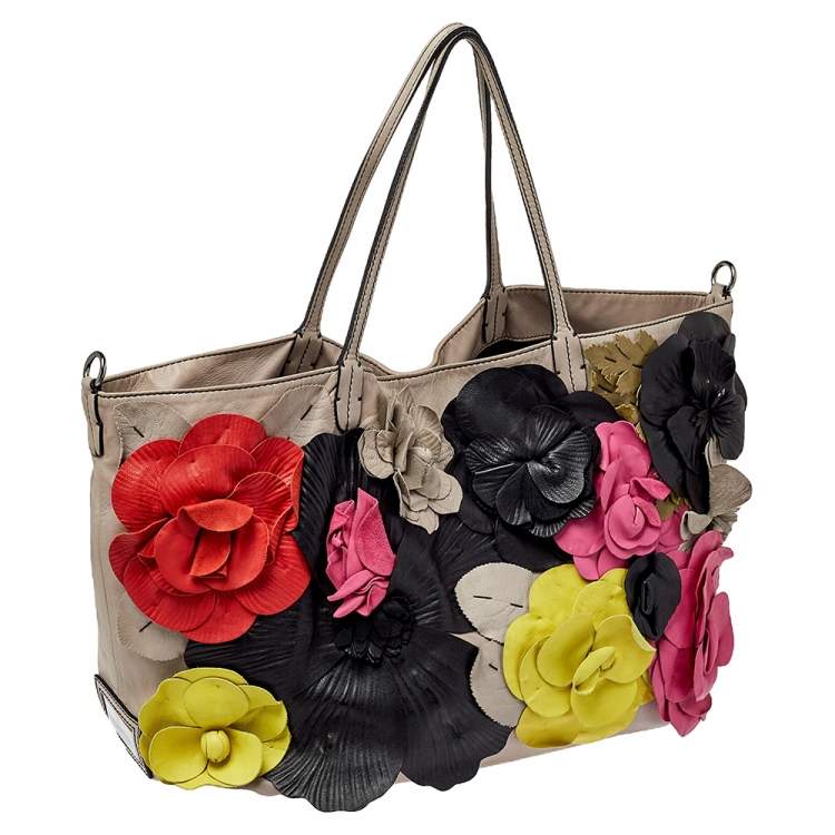 Pre Owned Valentino Grey Leather Floral Applique Tote